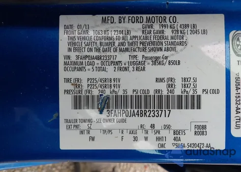 2011 Ford Fusion Sel из США, поврежденный, VIN 3FAHP0JA4BR233717